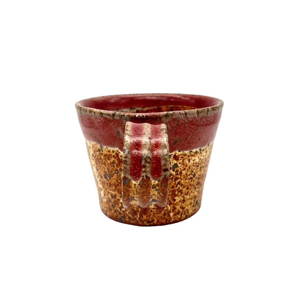 Studio Pottery Coffee Mug Red Orange White Glaze Brown Speckled Clay Base - Picture 3 of 6
